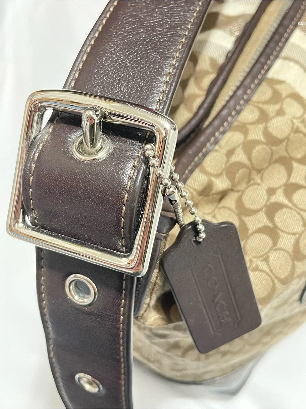 Coach Signature Stripe Canvas & Leather Hobo Shoulder Bag